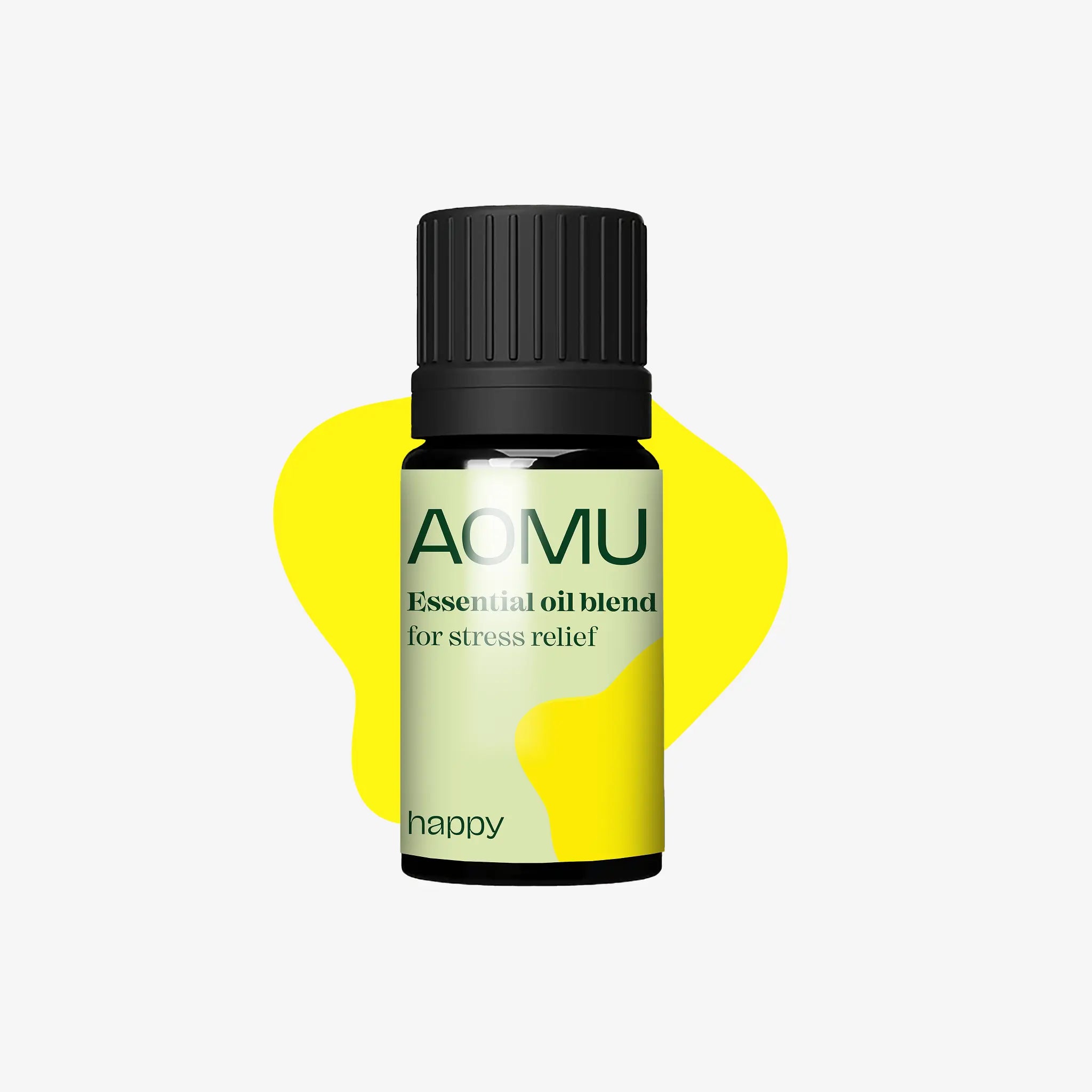 AOMU Happy essential oil blend bottle for stress relief against a yellow shape on white background