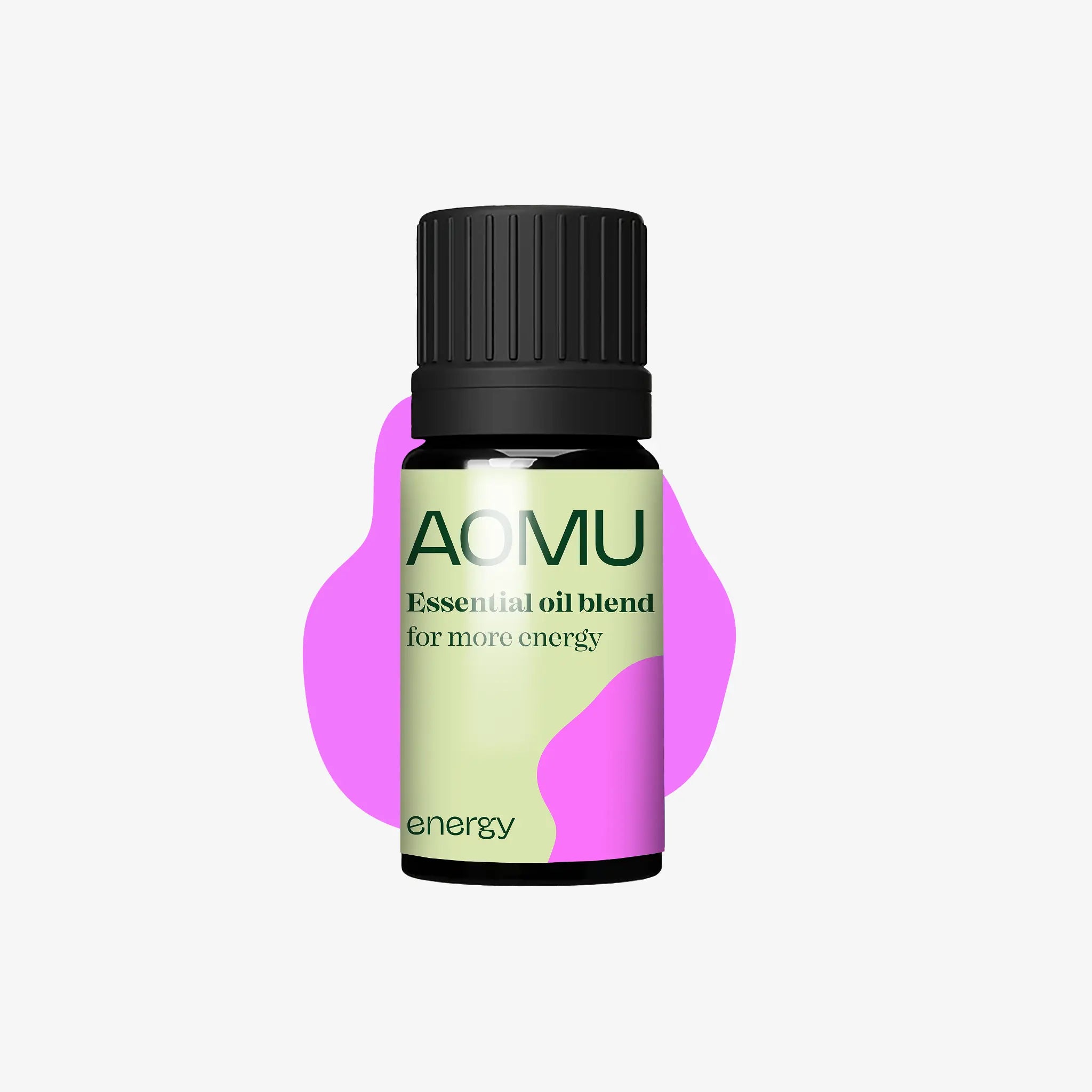 AOMU Energy essential oil blend bottle with pink graphic accent